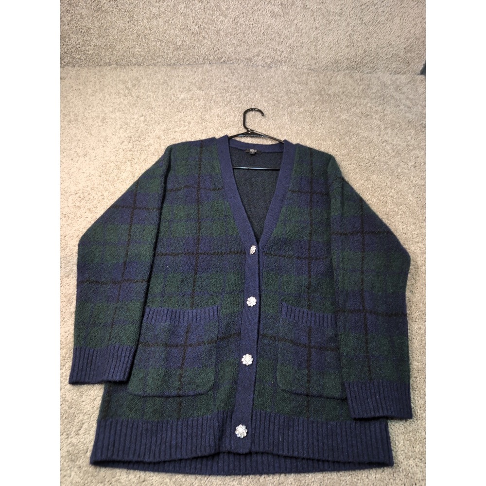 Rails Plaid Button Front Cardigan Navy Green Rhinestone Buttons Women's Size S